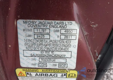 1998 Jaguar Xj8 Vanden Plas из США, поврежденный, VIN SAJKX6243WC825207